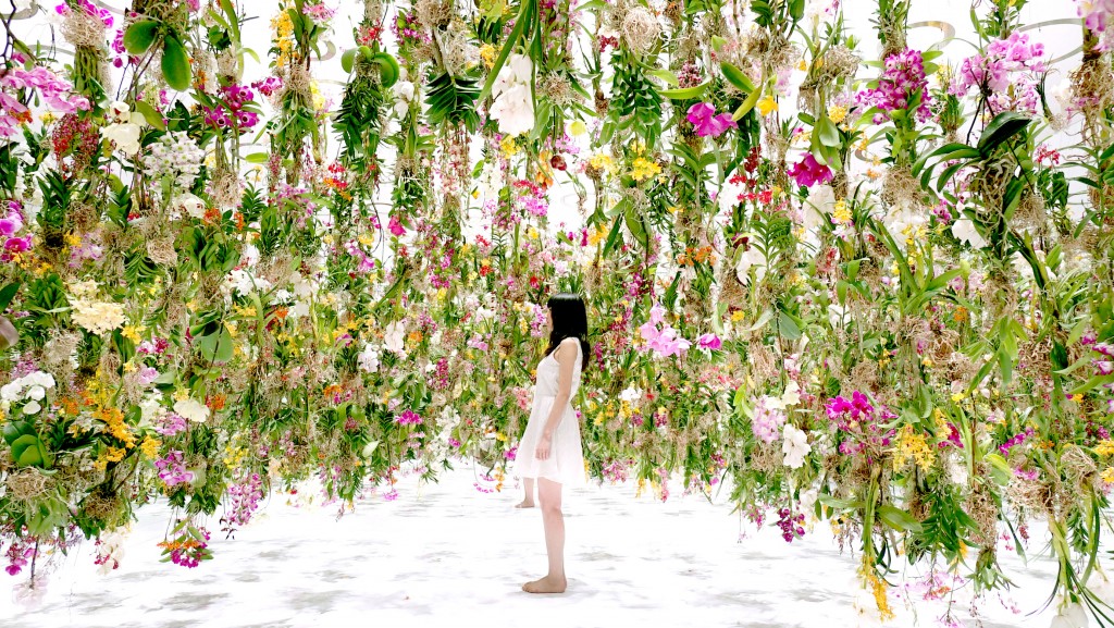 Une forêt de fleurs suspendues qui créent un dôme au dessus de la tête des visiteurs